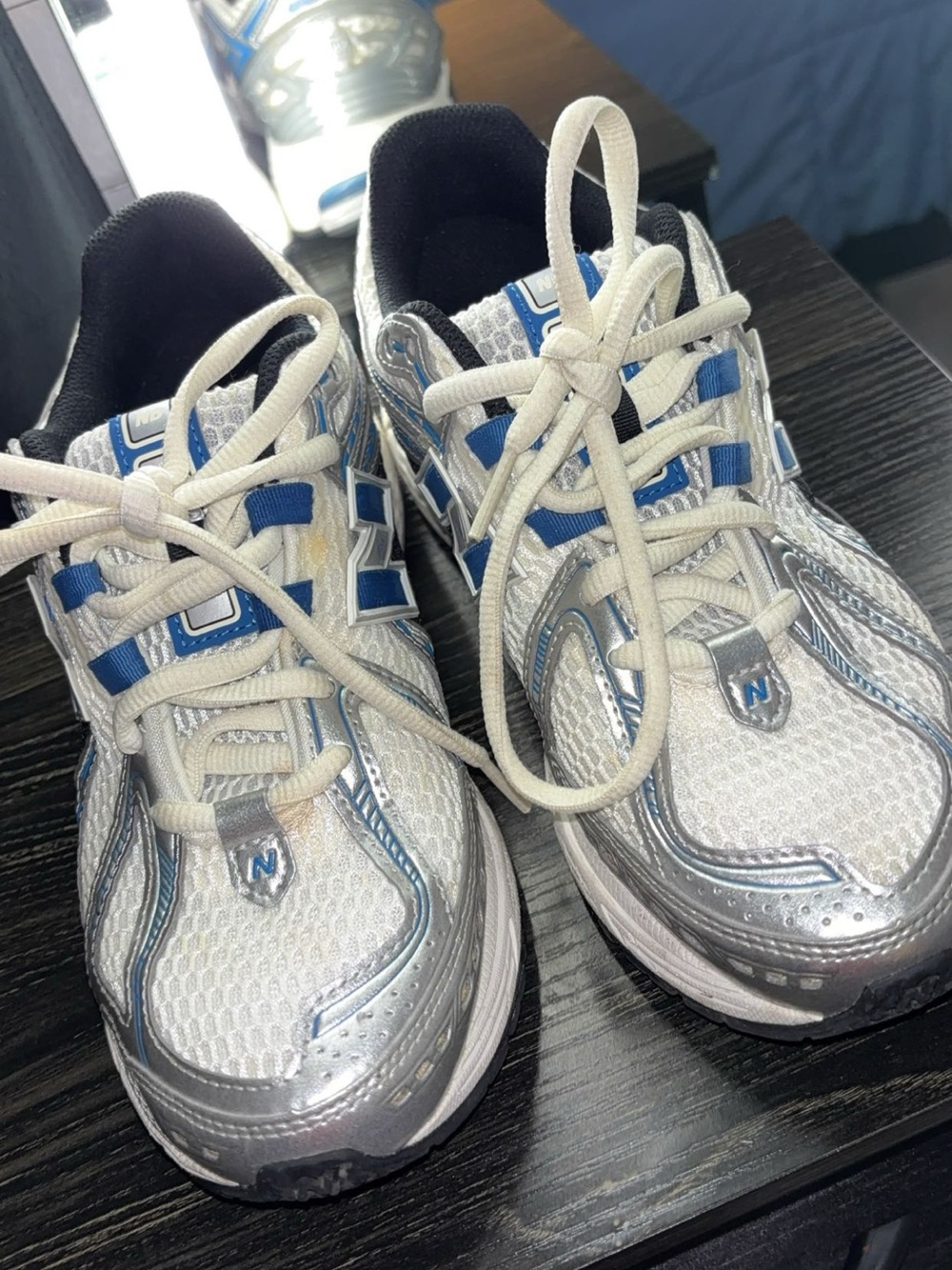 New Balance Kids White Silver Sneakers with Blue Accents